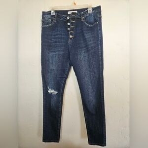 Curvy KanCan Dark Wash Skinny Jeans with Distressed Detail And 5 Button Fly